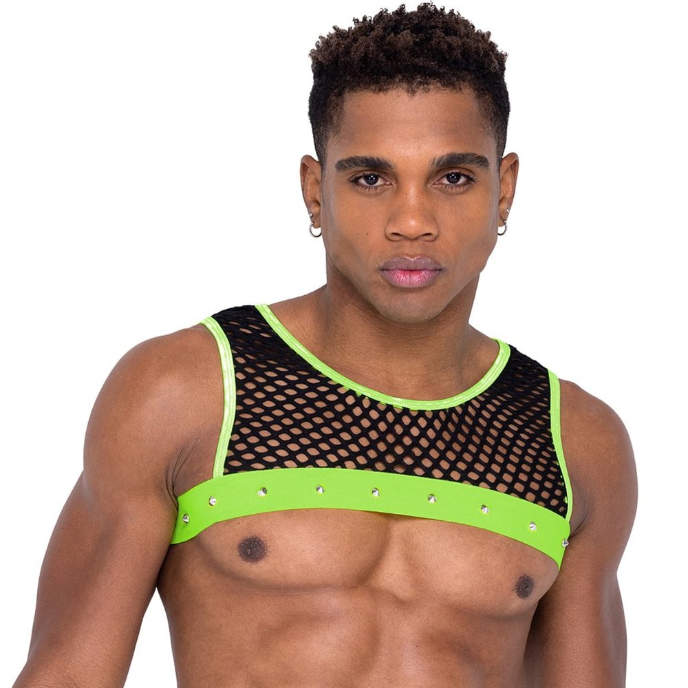 Studded Cropped Fishnet Tank Top with Black Light Trim